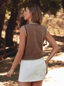 WESTFADE 圆领多针刺绣牛仔竞技图案毛衣背心，适合秋季、冬季、纳什维尔音乐会、休闲、可爱、波西米亚风、西部风格等场合，女士款 - 棕色 - 查看 2