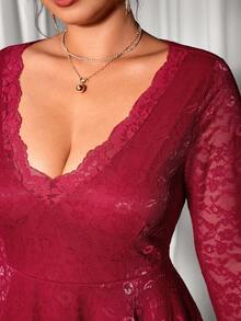 Cravure Plus Size Women Elegant Lace A-Line Long Sleeve Dress, Autumn/Winter