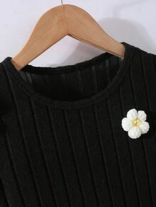 SHEIN 女童休闲可爱圆领插肩袖高腰短款纯色针织碎花连衣裙 - 黑色 - 查看 5