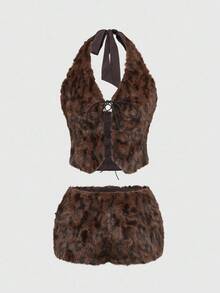 ROMWE Hippie Women's Y2K Harajuku Leopard Faux Fur Crop Top With Star Pocket Two Pieces Set - Brown - View 1