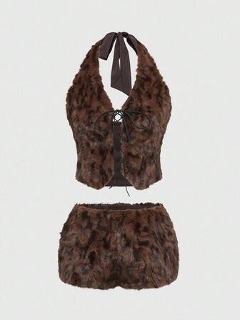 Hippie Conjunto de dos piezas con top corto de piel de leopardo sintética estilo Harajuku Y2K con bolsillo con estrella para mujer