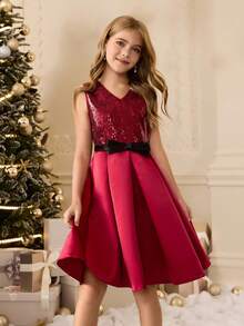 Abito elegante da ragazza con paillettes senza maniche, adatto per Natale, vestito da damigella per matrimonio, festa di compleanno, celebrazione festiva, esibizione - Rosso - Visualizzare 5