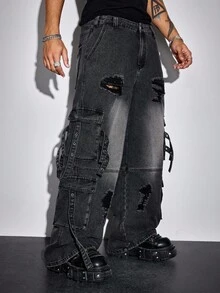 ROMWE MEN Street Life 男士休闲日常洗水做旧工装牛仔裤 - 黑色 - 查看 4