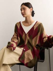Dazy-Less 女士宽松休闲格子针织开衫，秋冬 - 棕色 - 查看 8