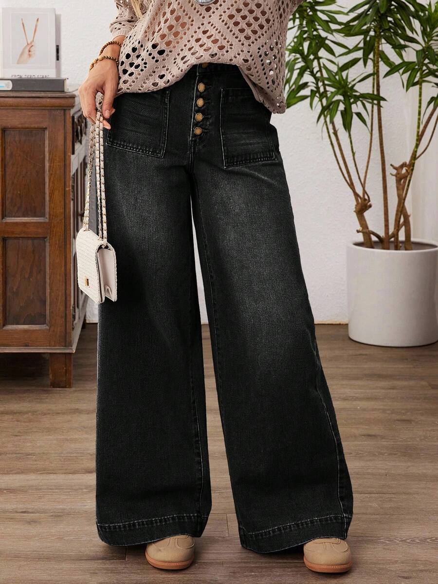 EMERY ROSE 大码休闲水洗高腰阔腿牛仔裤 - 黑色 - 查看 1