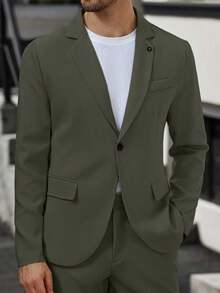 Manfinity Mode Men's Lapel Neck Long Sleeve Blazer And Pants Business Travel Suit Set Men Suits Green Green Blazer Men Olive Green Suit Men Classy Suit,A Great Gift For A Boyfriend Or Husband. - Army Green - View 5