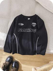 SHEIN 1 件年轻男孩休闲运动街头时尚字母印花撞色套头长袖 T 恤，适合儿童服装，年轻男孩服装，返校男孩套装，适合节日派对、学校典礼、日常穿着、外出、运动、秋冬季