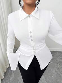 SHEIN Elenzya Áo cánh dài tay xếp ly đính nút ngọc trai trơn màu cho nữ - trắng - Xem 6