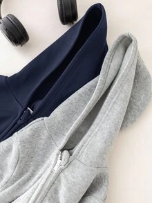 SHEIN 2 件套婴儿男童/女童休闲纯色连帽夹克，灰色和黑色连帽衫，适合秋冬季 - 彩色 - 查看 3