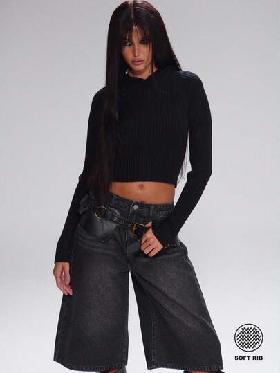 MUSERA Ribbed Knit Thumb-Hole Detail Fitted Hooded Jumper Cute Back To School Casual Work Streetwear Sporty Work Wear Corporate Run Evening Party Elegant