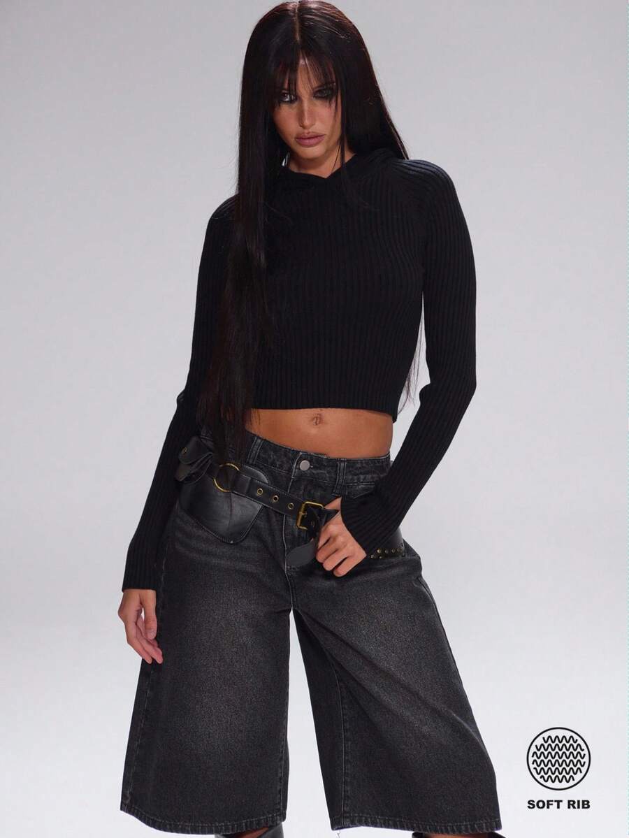 MUSERA Ribbed Knit Thumb-Hole Detail Fitted Hooded Jumper Cute Back To School Casual Work Streetwear Sporty Work Wear Corporate Run Evening Party Elegant - Black - View 1