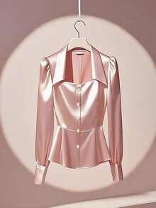 Franclia Elegant Long Sleeve Solid Color Satin Blouse, Chic For Work - Pink - View 3