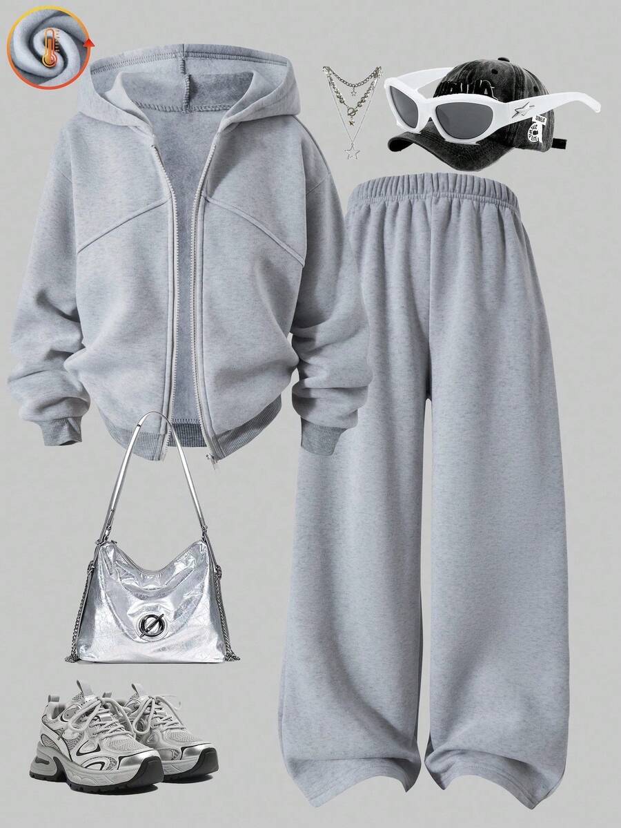 Sparklyn 两件套少女休闲立领舒适保暖拉链外套和阔腿裤套装，秋冬季 - 灰色 - 查看 1