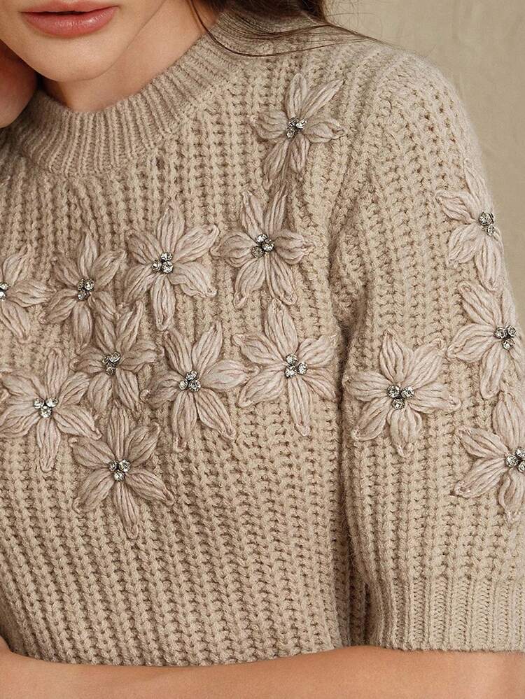 Damen Gestrickter Pullover, handgemachtes Mode 3D Häkel Design Slim Fit kurzer Pullover