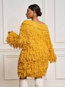 Slaydiva 秋冬新款优雅派对/约会/休闲外出/晚宴/返校季修身纯色姜黄色斜肩长袖流苏针织连衣裙，加大码迷你毛衣裙，新年服装，新年连衣裙 - A - 黃色 - 查看 2