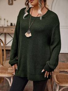 EMERY ROSE Plusstorlek Casual Enfärgad Nedsänkt Axelringad Lös Stickad Tröja, Höst/Vinter - Mörk Grön - Visa 5