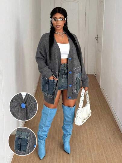 Maweii Women's Daily Lazy Style V-Neck Fashion Design Blue Cloth Button Decoration Drop Shoulder Long Sleeve Denim Splicing Double Pocket Loose Regular Plus Size Knitted Patchwork Cardigan Sweater Knit Open Front Coat, Spring Fall Winter
