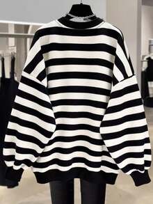 EMERY ROSE New Arrival Bestselling Regular Fit Women Plus Size Striped Crew Neck Sweatshirt Fall Winter - Black and White - View 2