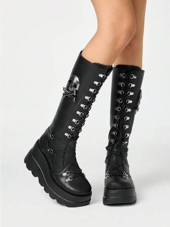 Grunge Punk 2025 New Fashion Dark PU Leather Knee-High Boots For Women, Autumn/Winter, Punk Style Thick Sole Rider Boots With Belt & Bat Buckle