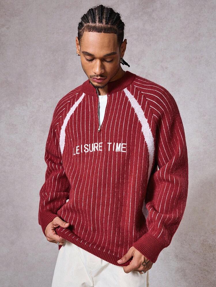 Men's Raglan Sleeve Letter Jacquard Burgundy Sweater With Small Stand Collar And Open Front Design, Autumn