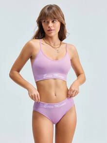 LOUNGEISTA 女士无缝运动文胸和内裤内衣套装，紫色吊带文胸和内裤舒适两件套 女士两件套 - 紫色 - 查看 3