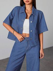 SHEIN 少女纯色水洗深蓝色牛仔衬衫翻领短袖上衣夏季牛仔办公室装学院风女孩秋季衬衫，开学女孩上衣，适合学校、返校节 - 中等水洗藍 - 查看 3