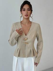 Aloruh Solid Button Front Top - Khaki - View 4