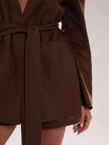 SHEIN BAE Women's Solid Color Regular Shoulder Long Sleeve Crossed Wrap Fashion Blazer,Fall Clothes For Women,Autumn Clothing For Women ,Winter Clothes For Women, Halloween,Christmas,New Year,Brown Suit With Shorts, Casual, Commuting, Brown Two Piece Set Women