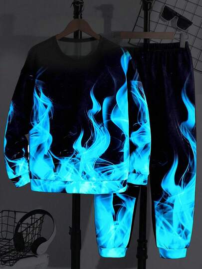 SHEIN 2 Piece Set Teen Boys Y2K Cool Blue Fire Print Casual Comfortable Versatile Flame Print Round Neck Sweatshirt And Sweatpants Suit Boys 2 Piece Long Sleeve Set Teen Two Piece Long Sleeve Set Blue Fire Print Street Hip Hop Boys Flame Print Outfit Blue Flame Hoodie Set Fall Autumn And Winter