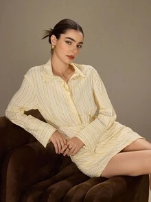 Modelyn Damen modisches, lässiges, sexy, elegantes gestreiftes Weiß und Gold Minikleid - Weiss - Übersicht 1