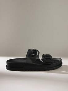 Solecia 2025 夏季新款绑带时尚百搭黑色罗马凉鞋，舒适软底防滑沙滩鞋 - 黑色 - 查看 1