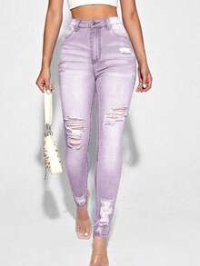 SHEIN Essnce Casual Washed Distressed Slim Fit Denim Jeans,Christmas,  Christmas Women's Clothing ,Christmas Clothes ,New Autumn And Winter Purple Light Purple Pants, Y2K Ripped Stretch Street Leggings, Skinny Jeans - Purple - View 4