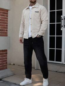 Manfinity CasualCool 男士长袖秋季撞色单排扣口袋休闲夹克，男士长袖休闲金属扣前袋灯芯绒衬衫式夹克，INS热销休闲优雅夹克，适合春秋季穿着