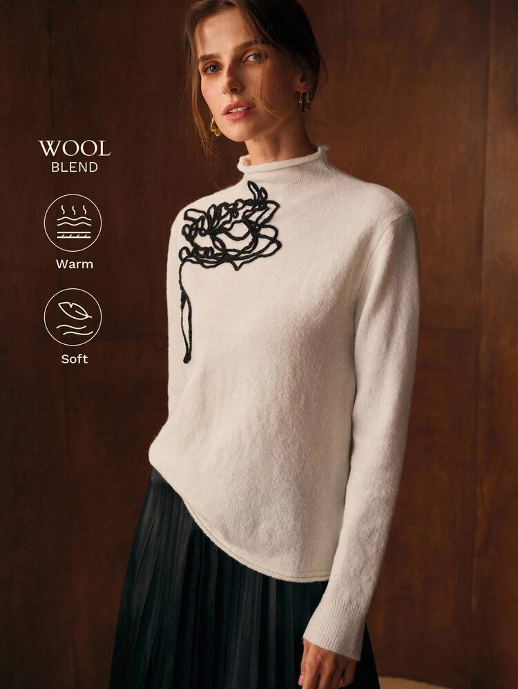 EMBROIDERY DETAIL FUNNEL NECK SWEATER