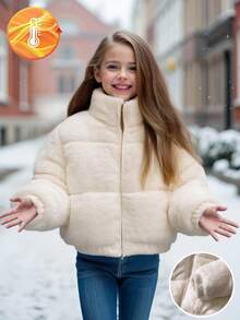 Tween 女童纯色蓬松厚腰抽绳连帽夹克，防尘时尚街头服饰，适合户外活动和日常穿着，冬季 Y2K 白色棉服外套