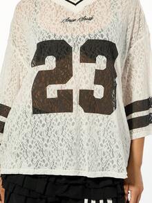 SUMWON WOMEN Boxy Fit Oversized Lace Varsity Jersey Number 23 Statement Top - White - View 6