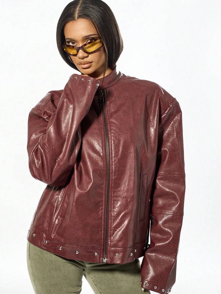 SUMWON WOMEN Oversized Studded Leather Jacket With Metal Hardware