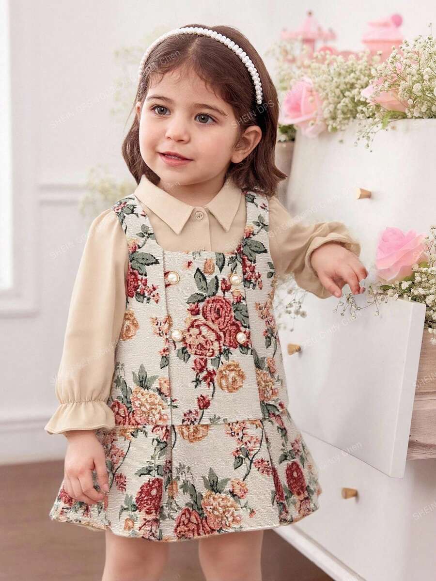 SHEIN Babygirl 优雅可爱卡其色长袖花卉印花衬衫裙套装 - 彩色 - 查看 1