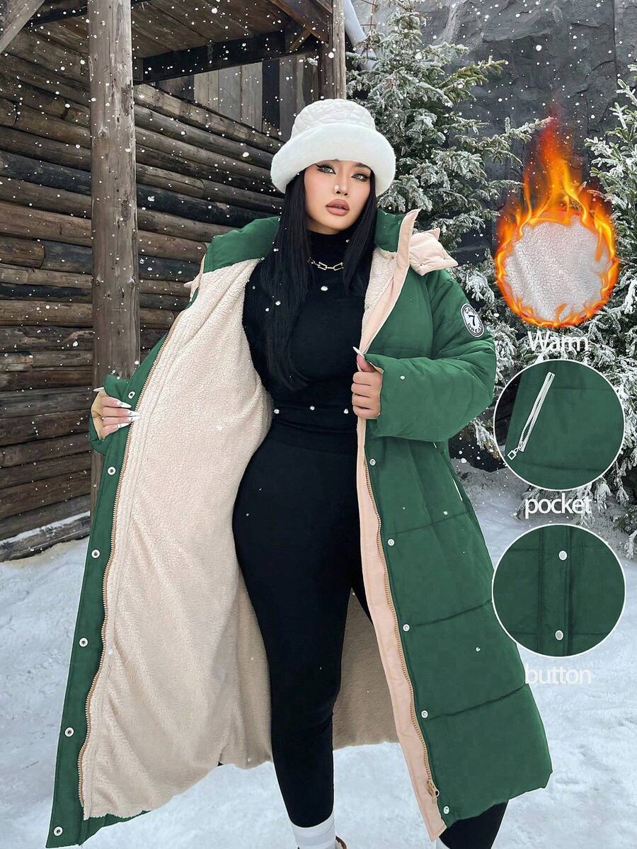 Calvaya 大码女式冬季休闲日常保暖拉链连帽加厚夹棉外套 - 軍綠色 - 查看 1