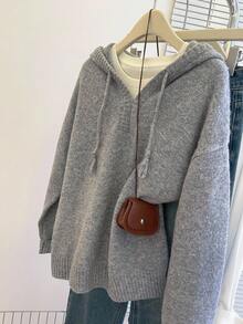 SHEIN Franclia 女士休闲宽松连帽长袖基本款灰色针织套头衫，秋冬款 - 灰色 - 查看 5