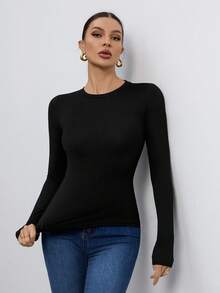 SHEIN Tall 女士三件套圆领休闲紧身纯色长袖T恤套头衫套装，适合春、秋、冬季穿着。女士长袖上衣，紧身衣，修身衣，基础款上衣，三件装。 - 彩色 - 查看 6