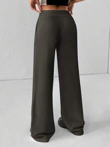 SHEIN PETITE Comfortable And Casual Plain Knitted Low-Rise Wide-Leg Women's Sweatpants Women Pants Wide Leg See Through Pants - Dark Grey - View 2