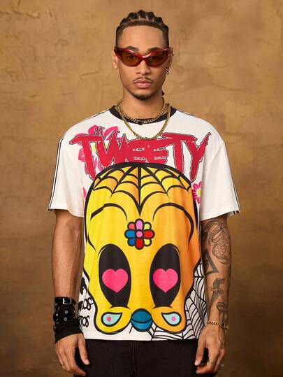 LOONEY TUNES X SHEIN Day Of The Dead Men's Summer Letter & Cartoon Graphic Round Neck Short Sleeve T-Shirt