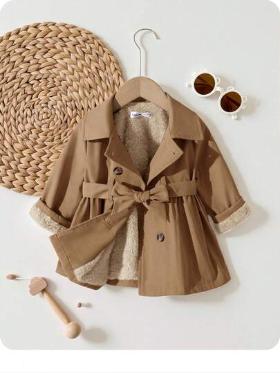 SHEIN Baby Girl Söt minimalistisk brun termofodrad lång med slagkrage, höst/vinter