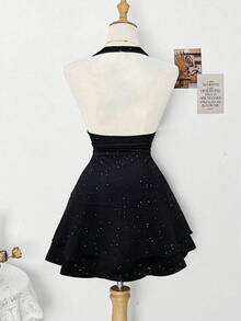 SHEIN Clasi Vestido de mujer elegante con lentejuelas y cuello halter, apto para vacaciones y fiesta