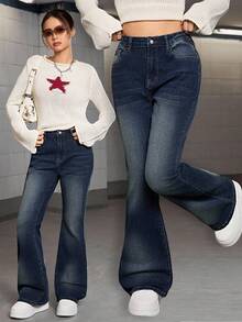 SHEINY2K 时尚百搭重工石洗喇叭牛仔裤，适合年轻女孩 - 深色水洗藍 - 查看 1