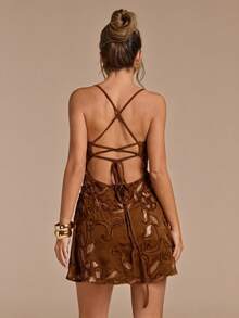 SHEIN BAE Váy ôm dáng thanh lịch dành cho nữ màu nâu họa tiết, trang trí sequin, phù hợp cho kỳ nghỉ và bãi biển, mùa xuân/hè - màu nâu - Xem 5