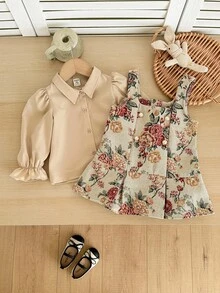 SHEIN Babygirl 优雅可爱卡其色长袖花卉印花衬衫裙套装 - 彩色 - 查看 3