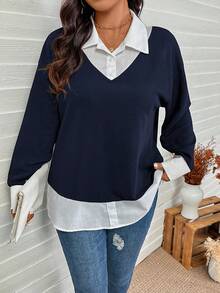 SHEIN LUNE 大码女式蓝白撞色领两件套上衣，感恩节新年冬季狂欢海军蓝上衣 - 藏蓝色 - 查看 4