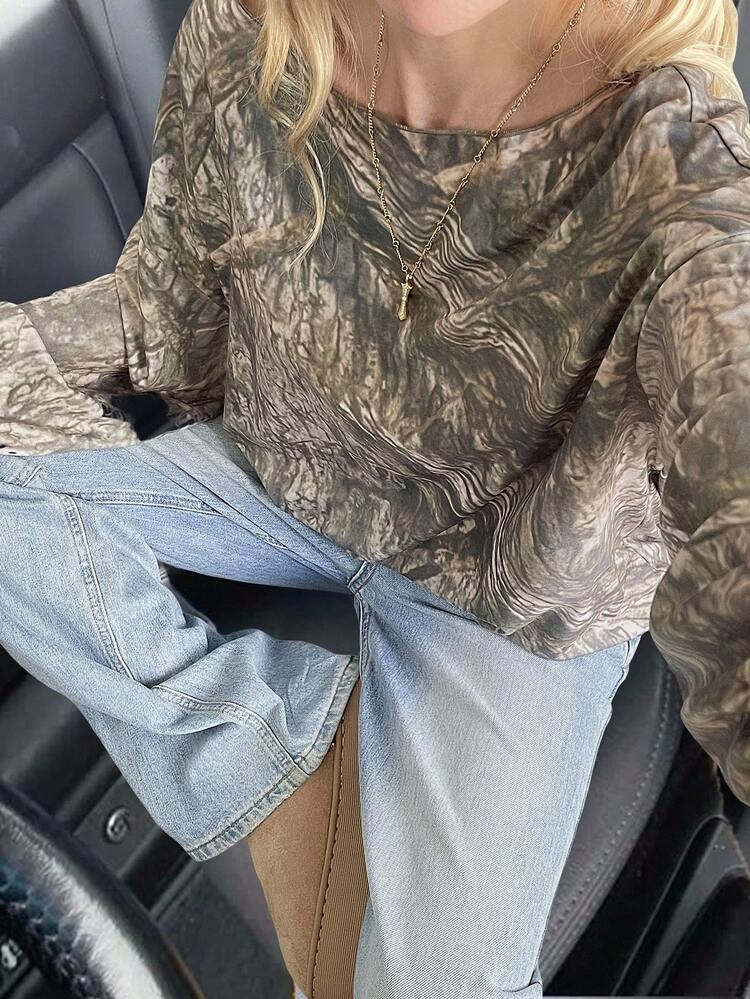 Loose Casual Street Style All-Over Print Long Sleeve T-Shirt For Women, Autumn/Winter